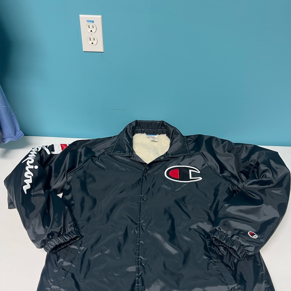 Vintage Champion Black Windbreaker fleece lined Jacket. Size medium.